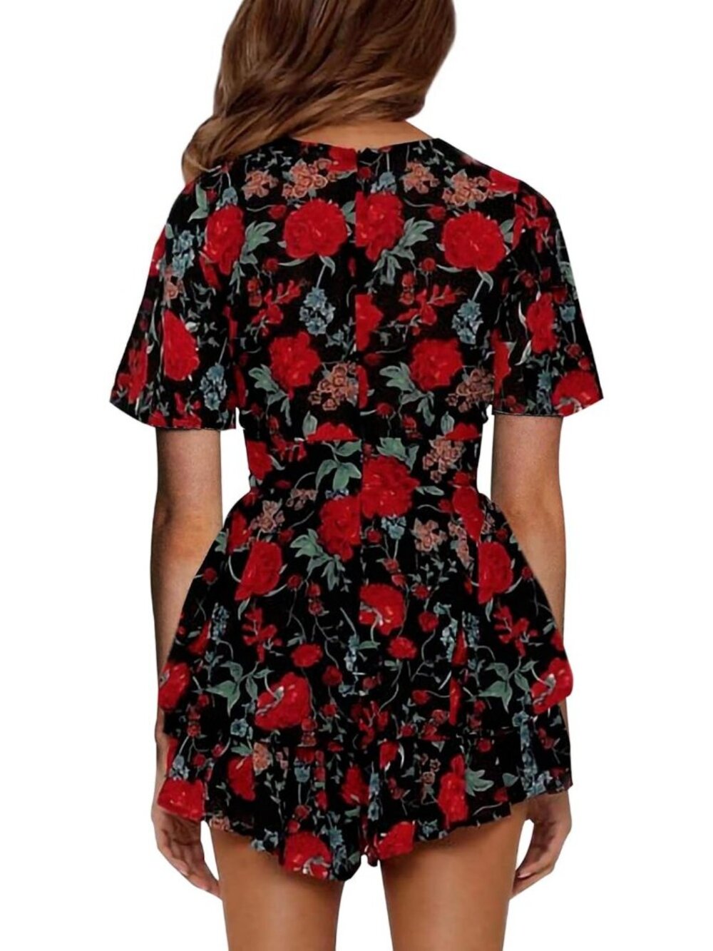 Women's Red Black Floral Floral Print Deep V Neck Double Layer Ruffle Hem Romper - Picture 2 of 4
